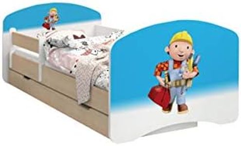 Happy Babies – Cama infantil de doble cara con colchón, diseño moderno con bordes seguros y protección contra caídas, colchón de espuma de 7 cm, bombilla ligera Bob el constructor Talla:190/90