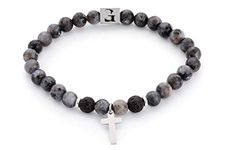 Handmade Strech Bracelet For men Set With Labradorite and Lava Gemstone Beads and Stainless Steel Cross Pendant By Galis Jewelry - Cross Bracelet For Men - Beaded Bracelet For Men - Gemstone Bracelet