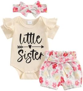 Afunbaby Newborn Baby Girl Clothes Little Sister Rufffle Short Sleeve Romper and Floral Shorts Summer Outfit, Little Sister Beige, 3-6 Months