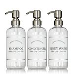 Clear Refillable Shampoo and Conditioner Bottles - Body Wash, Shampoo and Conditioner Dispenser - PET Plastic Shampoo Bottles Refillable with Pump - Waterproof Labels - 16 oz, 3 Pack (Stainless Steel)