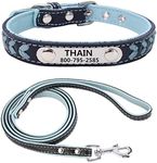 THAIN Leather Custom Collar and Leash Combo Set,Braided Leather Engraved Dog Collars with Personalized Stainless Steel Nameplate for Small Medium Large Dogs (S(neck 10.23"-12.99"), Blue Set)