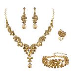 EVER FAITH Wedding Rhinestone Jewelry Sets for Women, Crystal Gorgeous Floral Wave Teardrop Necklace Dangle Earrings Bracelet Ring Set Brown Gold-Tone