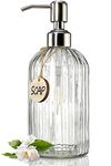 Luximal Pack of 1 Stripe Design Refillable Clear Glass Soap Dispenser Bottle with Rust Proof Premium Plastic Pump for Kitchen, Washroom, Bathroom, Basin, Liquid Lotion Soap Dispenser - 400 Ml