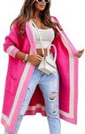 chouyatou Women's Color Block Vertical Striped Open Front Oversized Hooded Long Cardigan Sweaters with Pockets (Large, Rose Red)