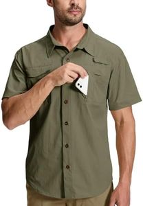 Men's Fishing Shirt Sun Protection Short Sleeve Cooling Button Down Shirts for Hiking Travel Dark Khaki
