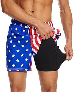 Aueyan Mens Swim Trunks 5.5 inch with Compression Liner Zipper Pockets,Quick Dry Swimsuit Trunks Funny Beach Board Shorts, American Flag, Medium