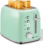 Aigostar Toaster 2 Slice Retro Toaster Stainless Steel, 1.6 inch Extra Wide Slots Bread Toaster Bagel, Cancel, Defrost Function, 6 Shade Settings & Removable Crumb Tray for Bread Waffle, Aqua Green