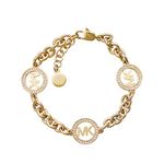 Michael Kors Stainless Steel and Pavé Crystal MK Logo Chain Bracelet for Women, Color: Gold (Model: MKJ4729710), 6.50" Length + 0.5" Extender, Metal