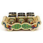 dhavl Set of 6 Stain Less Steel Handicrafts Glass Indian Hand Made Meenakari Work Peacock Design Golden Color Diwali Christmas Tumbler Gift Set Item (Golden Glass with Tray)