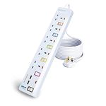 1.8M Extension Lead 5 AC Way with 2 USB Slots, Surge Protected Power Strip with Individual Switches for Home Office - White