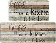 RECYCO PVC Kitchen Mats Sets, 2 Pieces Non Slip Waterproof Kitchen Floor Mats,Anti-Fatigue Kitchen Rugs Washable Cushioned Kitchen Runner Rug Set,44X76+44X120cm,Happiness