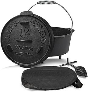 VOUNOT Dutch Oven 4.25 Liters, Pre-Seasoned Cast Iron Pot with Carry Bag, Feet, Lid Lifter, Spiral Handle and Slot for Thermometer, for Camping, Cooking Baking