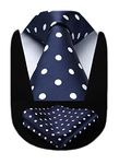 HISDERN Extra Long Polka Dots Tie Handkerchief Men's Necktie & Pocket Square Set, XL, 63 inches length, Navy Blue / White