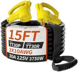 PlugSaf 15 FT 30 Amp RV Extension Cord Outdoor with Grip Handle, Flexible Heavy Duty 10/3 Gauge STW RV Power Cord Waterproof with Cord Organizer, NEMA TT-30P to TT-30R, Black-Yellow, ETL Listed