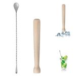 NJ Wooden Cocktail Bar Muddler 10", Drink Muddler & Mixing Spoon 12" with Long Spiral Handle to Create Refreshing Drinks, Teardrop Spoon Stirrer, Cocktail Spoon, Bartender Tools: 2 Pcs.