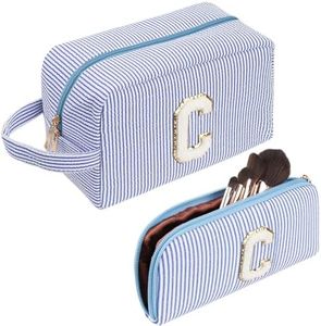 Beauty Case,Trousse da Viaggio,Borsa Cosmetica Blu a Coste con Iniziali Carine, Regalo per Donne,Fidanzate, Migliori Amiche con Borsa Cosmetica Piccola (C)
