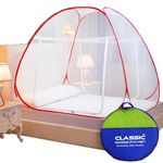 Classic Mosquito Net for King Size Double Bed | Foldable Machardani | Polyester Strong Net | Coated Corrosion Resistant Steel Wire - Red