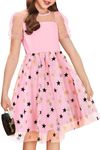 Arshiner Girls Dress Contrast Mesh Puffy Short Sleeve A Line Casual Party Dress Pink Star 10-11 Years