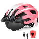 FUNWICT Adult Bike Helmet with Visor and Goggles for Men Women Mountain Road Bicycle Helmet Rechargeable Rear Light Cycling Helmet (L: 57-61 cm (22.4-24 inches), MixPink)