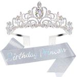 Birthday Sash for Women, Birthday Crown for Girl Birthday Sash and Tiara for Women Birthday Decoration Kit（Silver）