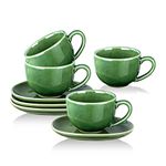 vicrays 6.5 oz Cappuccino Cups with Saucers, Set of 4, Ceramic Coffee Cup for Au Lait, Double shot, Latte, Cafe Mocha, Tea (Green)