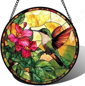 AMDERVEN Stained Glass Suncatcher, Hummingbird Red Flowers Green Leaves Sun Catcher Stain Glass Window Hanging Decoration Mother's Day Birthday Gifts for Bird Lover Women Men Mom Nana 11.8 in