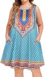 elescat Plus Size Summer Dresses for Women Sleeveless Pockets Beach Tshirt Tank Sundress, Boho Blue Printing, 3X-Large