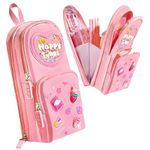 FunBlast Pencil case for Girls, Large Capacity Hangable Triple Layer Canvas Pencil Case, Cute Bunny Teddy for Girls, Kawaii Pencil Case (Pink)