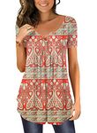 RANPHEE Womens Red Floral Short Sleeve Henley V-Neck Summer Plus Size Tunic Tops Shirts 3XL