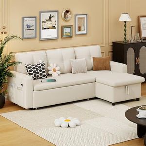 Sectional Sofa L-Shaped Sofa Couch Bed w/Chaise & USB, Reversible Couch Sleeper w/Pull Out Bed & Storage Space, 3-seat Fabric Convertible Sofa, Pull Out Couch for Living Room, Beige