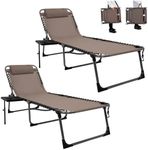 KingCamp Chaise Lounge Outdoor Adjustable Textilene Waterproof Patio Lounge Chair with Side Table Portable Camping Reclining Chair with Pillow (2 Pack, Beige)