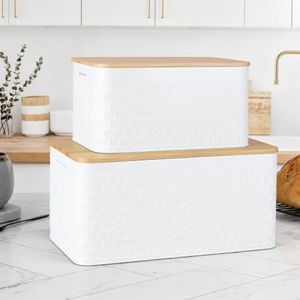 Dekosilave Metal Bread Box Set of 2 with Bamboo Lid, Modern Bread Storage Containers with Air Vents, Bamboo Cutting Board Lid, Farmhouse Kitchen Decor Organizer for Countertop, 2-Size,Embossed White