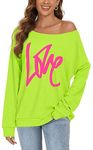 CHICALLURE Womens One Off Shoulder Tops Long Sleeve Jumper Sweater Graphic Tee Shirt Blouse Neon Clothes(Lime Green, M)