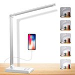 Sunfuny LED Desk Lamp Cordless, Rechargeable Table Lamp with USB Charging Port, Office Lamp Battery Desk Light Lampe de Bureau with 5 Modes＆5 Brightness Levels, Auto Timer, Adjustable Arm,Silver White