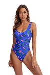 MIAIULIA Women's Retro 80s/90s Inspired High Cut Low Back Padding One Piece Swimwear Bathing Suits, 90s Pattern Royalblue, Medium