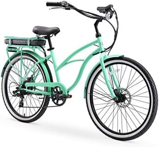 sixthreezero Around The Block Women's Electric Bike, 7 Speed Beach Cruiser eBike Bicycle with Rear Rack, 500 Watt Motor, 26 Inch Wheels, Mint Green