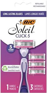 BIC Click 5 Soleil Women's Disposable Razors, 5 Blades With a Moisture Strip For a Smoother Shave, 1 Handle and 3 Cartridges, 4 Piece Razor Set