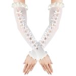 Lusofie Women Lace Gloves Elbow Long Gloves Y2K Gothic Lace Arm Sleeves Bow Lace Up Hollow Out Emo Rock Punk Fingerless Gloves Halloween Cosplay Costume One Size(White)