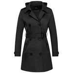 FARVALUE Women's Waterproof Trench Coat Double Breasted Windbreaker Classic Belted Lapel Overcoat with Removable Hood, Black, Medium