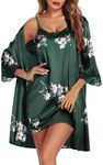 Ekouaer Sleepwear Women's Satin Nightgown with Robes Set 2 Piece Sexy Lace Cami Nightwear Floral Set Floral Dark Green M