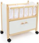 Freniland Wooden Doll Bed with Storage, Wheels & Bedding – Rolling Doll Crib with Built-in Storage for Toys, Pretend Play Doll Furniture for 18 Inch Dolls