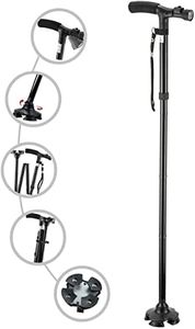 Folding Cane with Led Light for Seniors, Adjustable Walking Cane for Balance, Walking Stick for Elderly with Cushion T Handle and Pivoting Quad Base