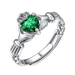 May Birth Silver Claddagh Rings for Women Simulated Emerald Heart Birthstone Ring Adjustable