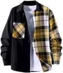 OYOANGLE Men's Colorblock Plaid Print Button Down Long Sleeve Pocket Collared Shirts Top Black and Yellow M