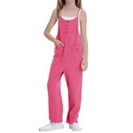 Rolanko Kids Casual Jumpsuits for Girls Sleeveless Overalls Spaghetti Strap Pants Rompers for Teen Girls with Pockets (Rose, 11-12 Years)