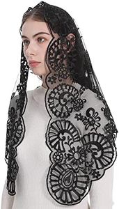 Bozidol Chapel Lace Mantilla Embroidery Floral Funeral Mourning Veil Catholic Church Mass Scarf Shawl Iglesia Velos (Black)