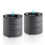TUKAILAi Luxurious Round Bedside Table Set of 2 with Wireless Charging Faux Leather Covered Nightstand with 3 Solid Wood Drawers Bedroom Cabinet with LED Light for Home Bedroom