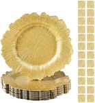 mwellewm Charger Plates Set of 12 and 24 Pack Napkin Rings, Plastic Sflake Gold Chargers for Dinner 13 Inch Floral Decor Serving Wedding, Party, Decoration Flowe