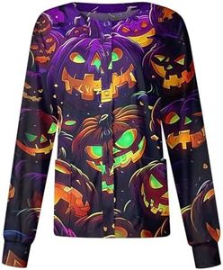 Halloween Scrub Jackets for Woman Print Long Sleeve Plus Size Womens Scrubs for Women Nursing Jacket with Pockets Fluorescent Green 4X-Large
