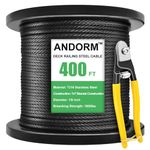 Andorm 400ft 1/8 T316 Stainless Steel Railing Cable Wire Rope 7x7 Strands Construction for Deck Cable Railing System, Cable Railing Hardware, Aircraft Cable Kits